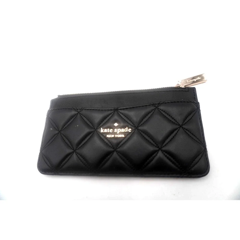Kate Spake Natalia Black Quilted Leather Large Slim Card Holder Zip Coin Pouch
